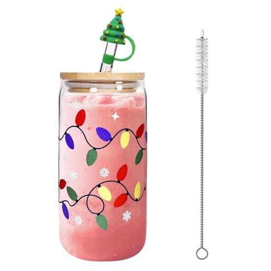 Color Changing Christmas Glass Cup with Lid Straw Brush Reusable Glass Iced Coffee Cup Cute Xmas Party Decorations for Mom Her