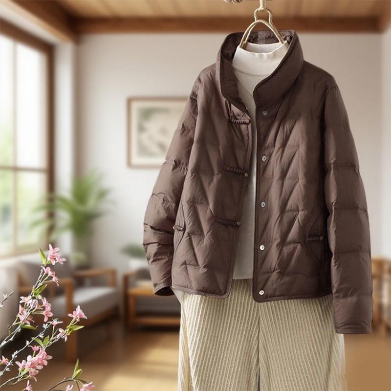 Women's Stand Collar Quilted Puffer Jacket Solid Color Long Sleeve Zip Pocket Short Winter Coat