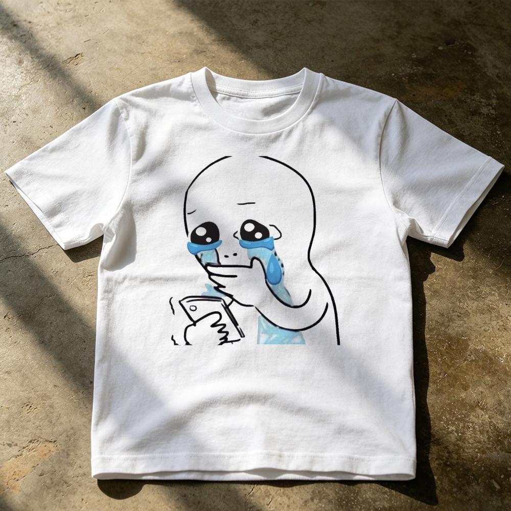 Sad Meme Crying Holding Phone Graphic T ShirtEmo Funny Cartoon Character Tee Summer Casual Short Sleeve Top