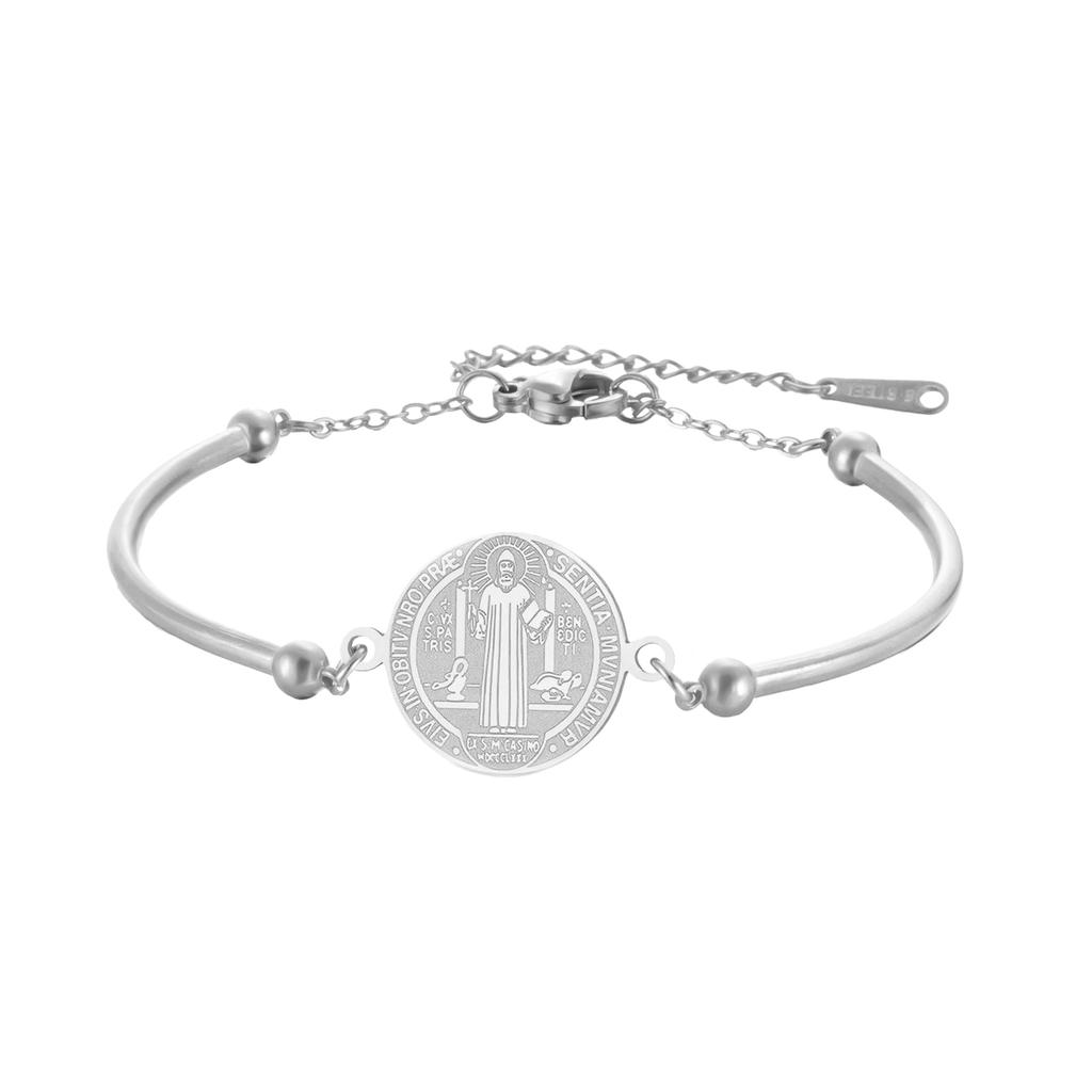 Double-sided Saint Benedict Exorcism Cross Charm Bracelet Women Men Adjustable Stainless Steel Gold Bangle Jewelry Gift