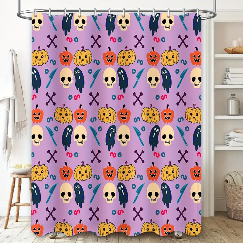 Halloween-themed shower curtain featuring pumpkin skulls, ghosts bats waterproof fabric backdrop for bathroom decor