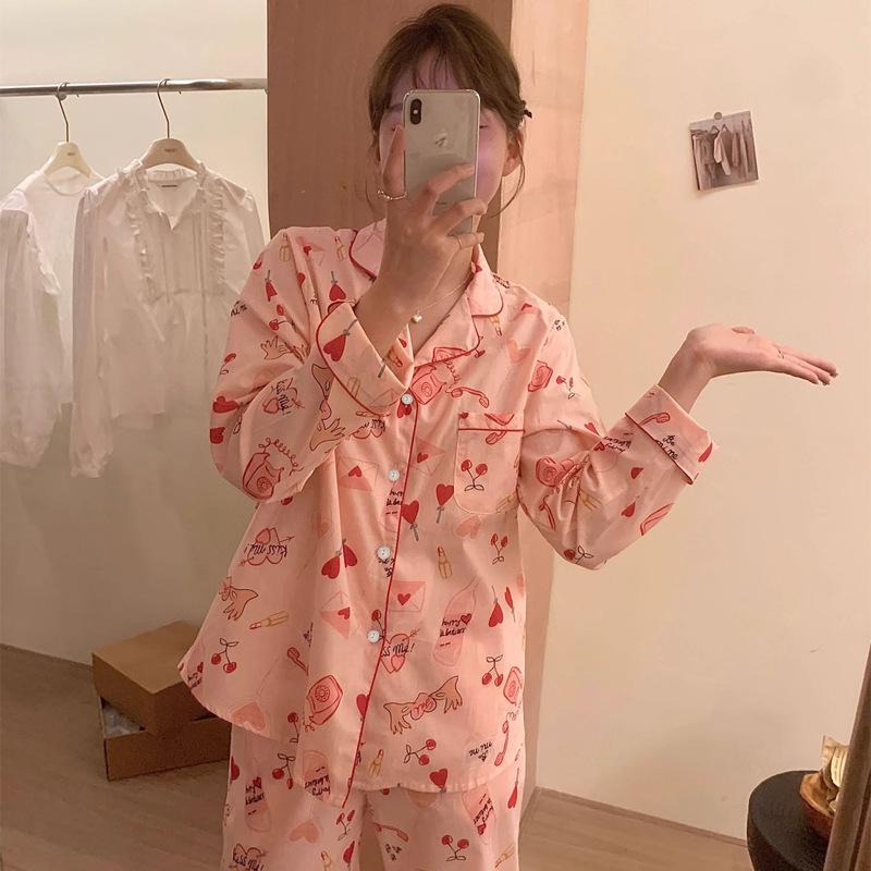 Long-Sleeved Trousers Two-Piece Set Of Imitation Silk Casual Cool Cartoon Printing Can Be Worn Outside Comfortable Pajamas Women