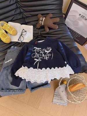 Sweat-shirt à manches longues pour filles avec nœud en dentelle d'automne style coréen