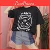 Damen Mädchen Lustiges Kurzarm Mond Katze Print Punk Gothic Lässiges Oberteil Bluse