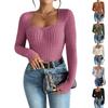 Women's U-Neck Long Sleeve Pleated Slim Fit Casual T-Shirt