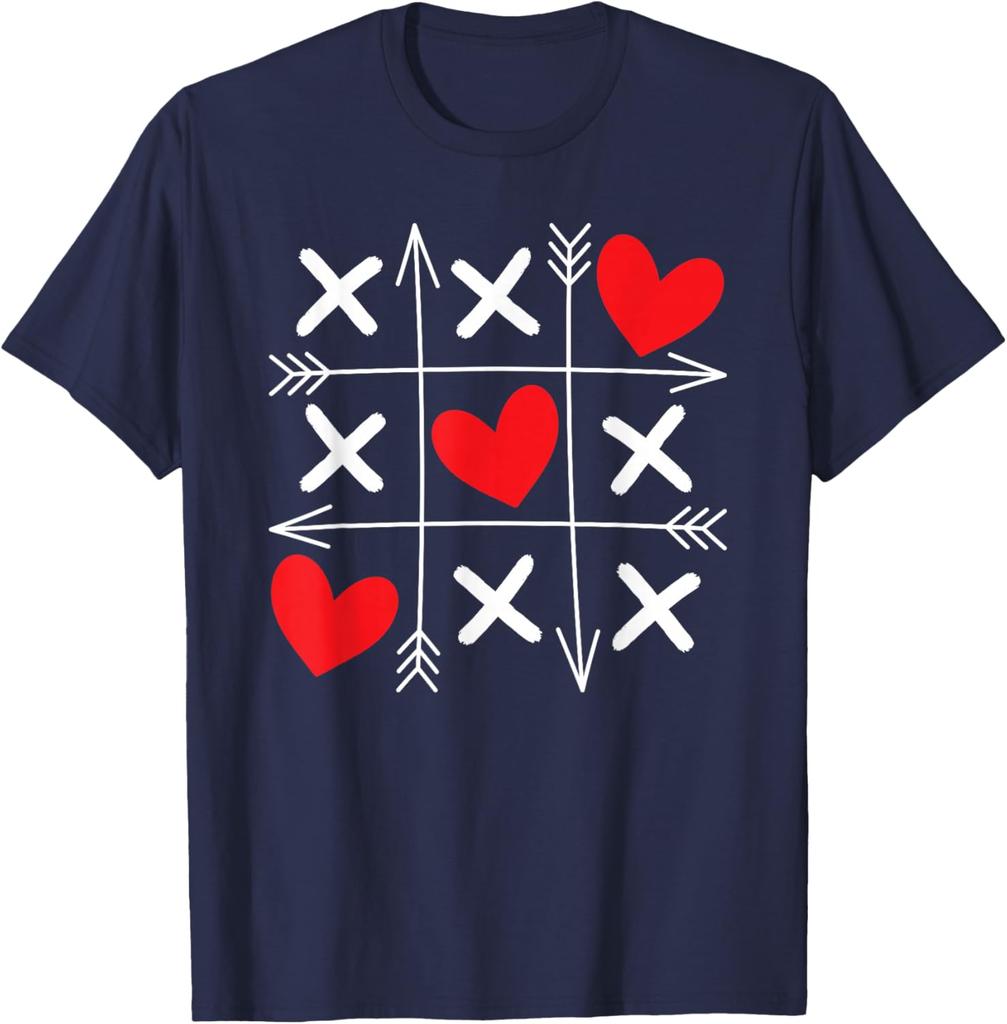 Tic Tac Toe Heart Arrows Valentine Day Graphic Tee Soft Cotton Casual T-Shirt for Men and Women