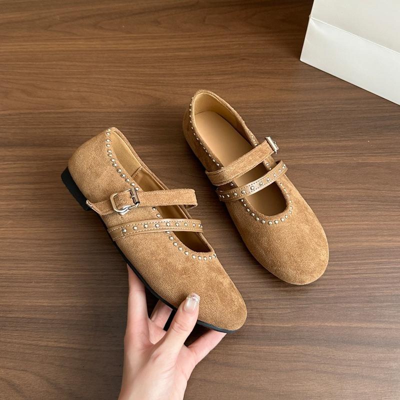 Fashion Fashion Suede Single Shoes Autumn New Round Toe Shallow Rivet Metal Buckle One-band Soft Sole Non-slip Low-top Shoes