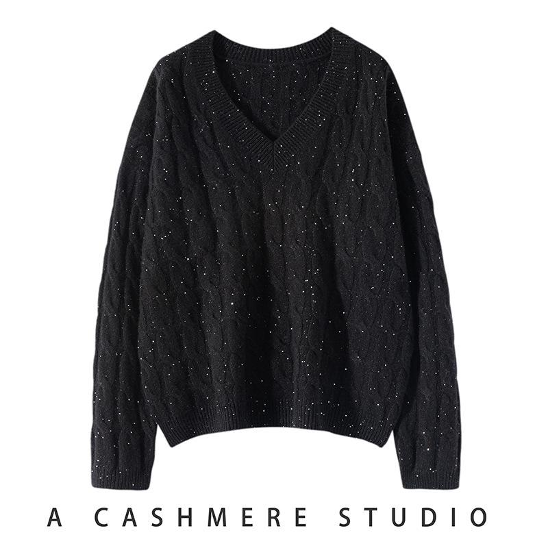 Women's V-Neck Loose Cable Knit Wool Sweater - Winter 2024 Casual Pullover Knitwear