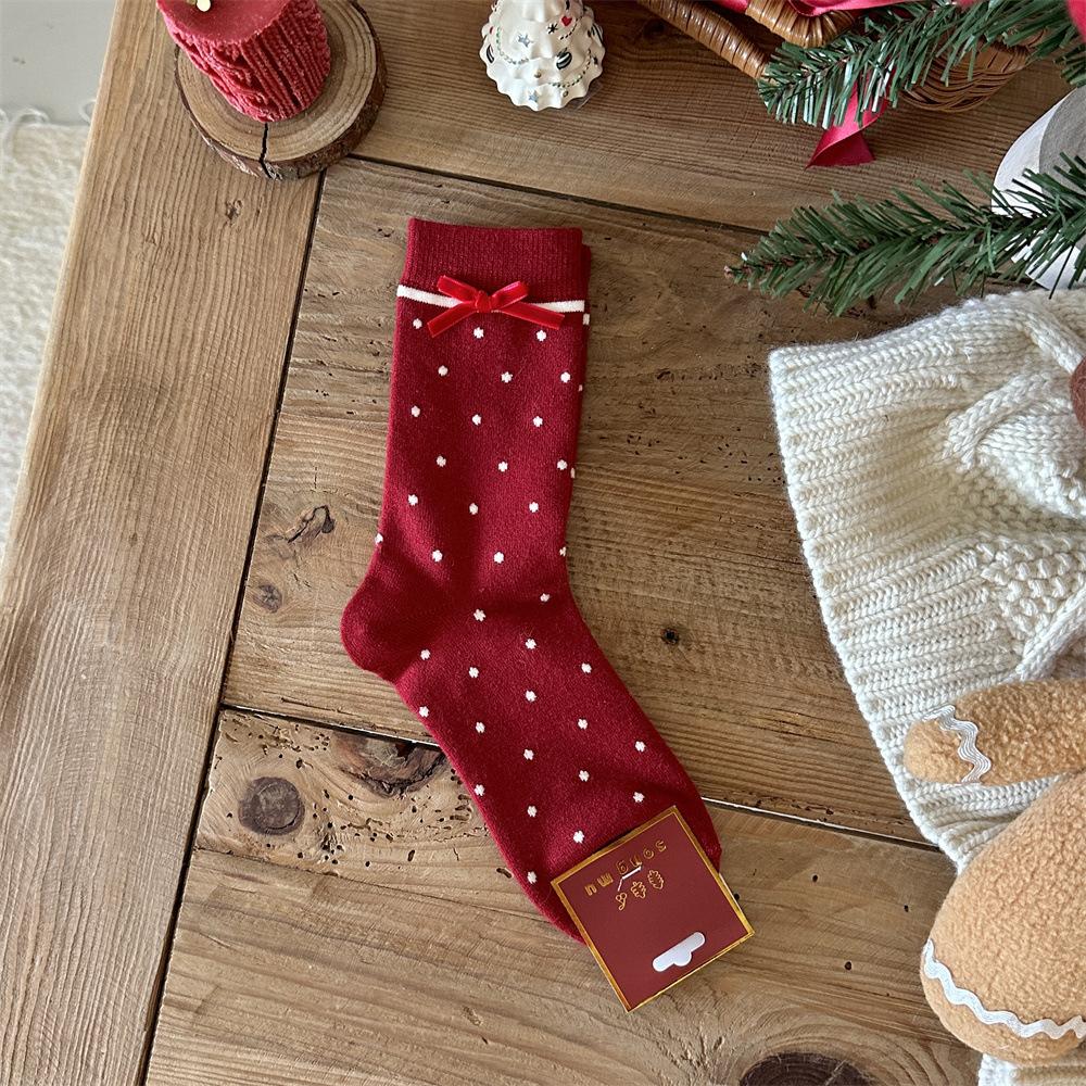 Songmu Winter Rabbit Down Big Red Socks New Year Socks Velvet Bow Tube Socks Lucky Socks