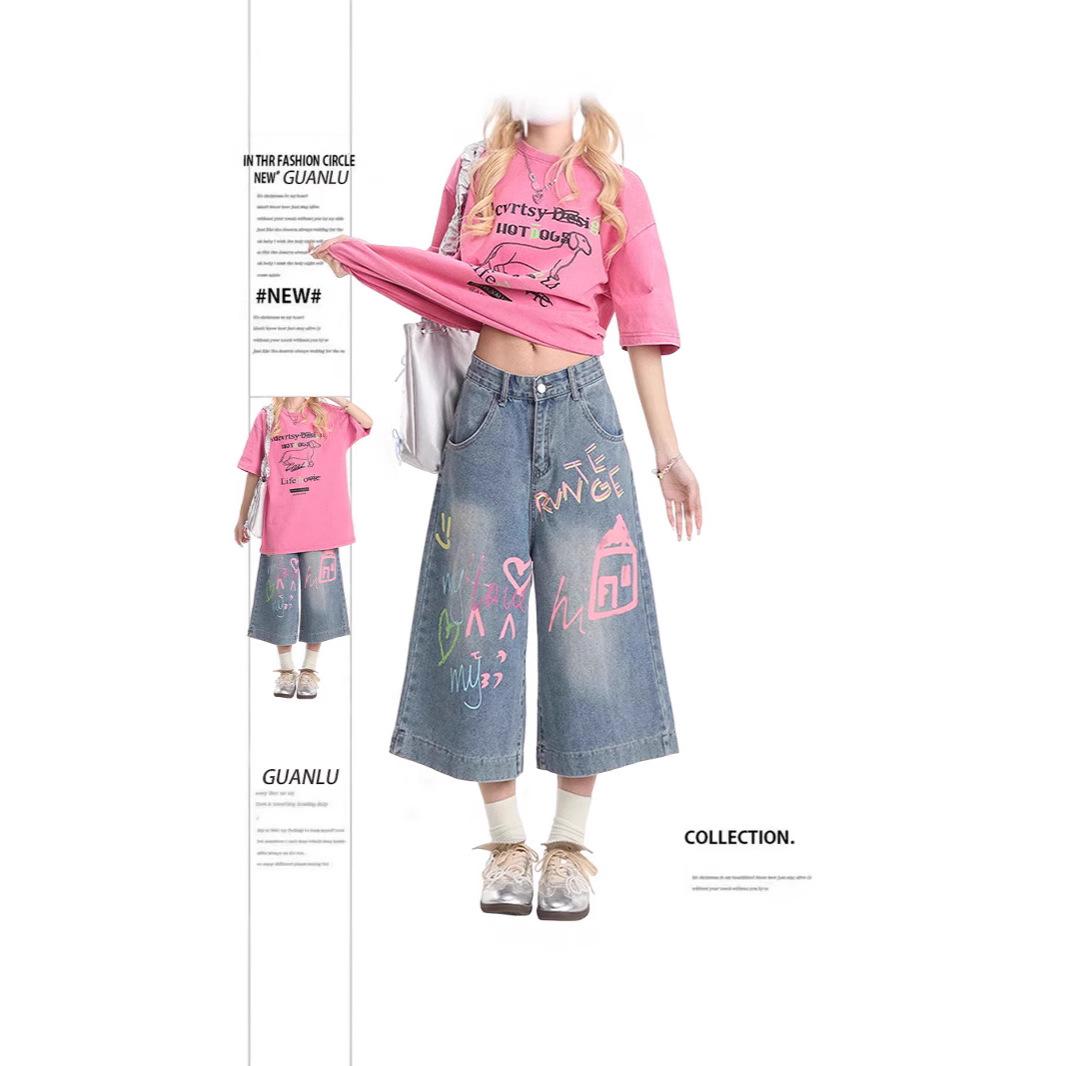 

Women s American Retro Graffiti Wide-Leg Capri Jeans (Summer 2025) Medium