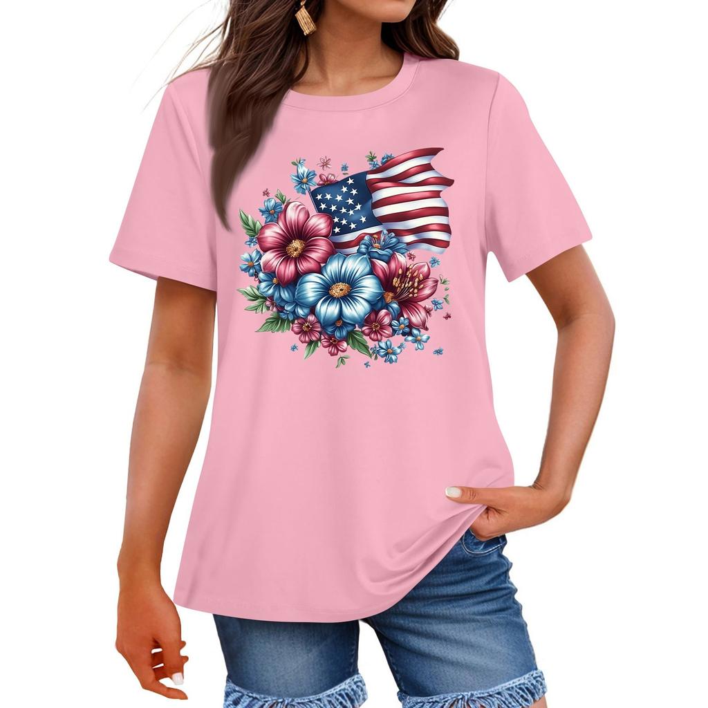 Damenmode Unabhängigkeitstag Bedrucktes Rundhals Kurzarm Freizeit T-Shirt Top