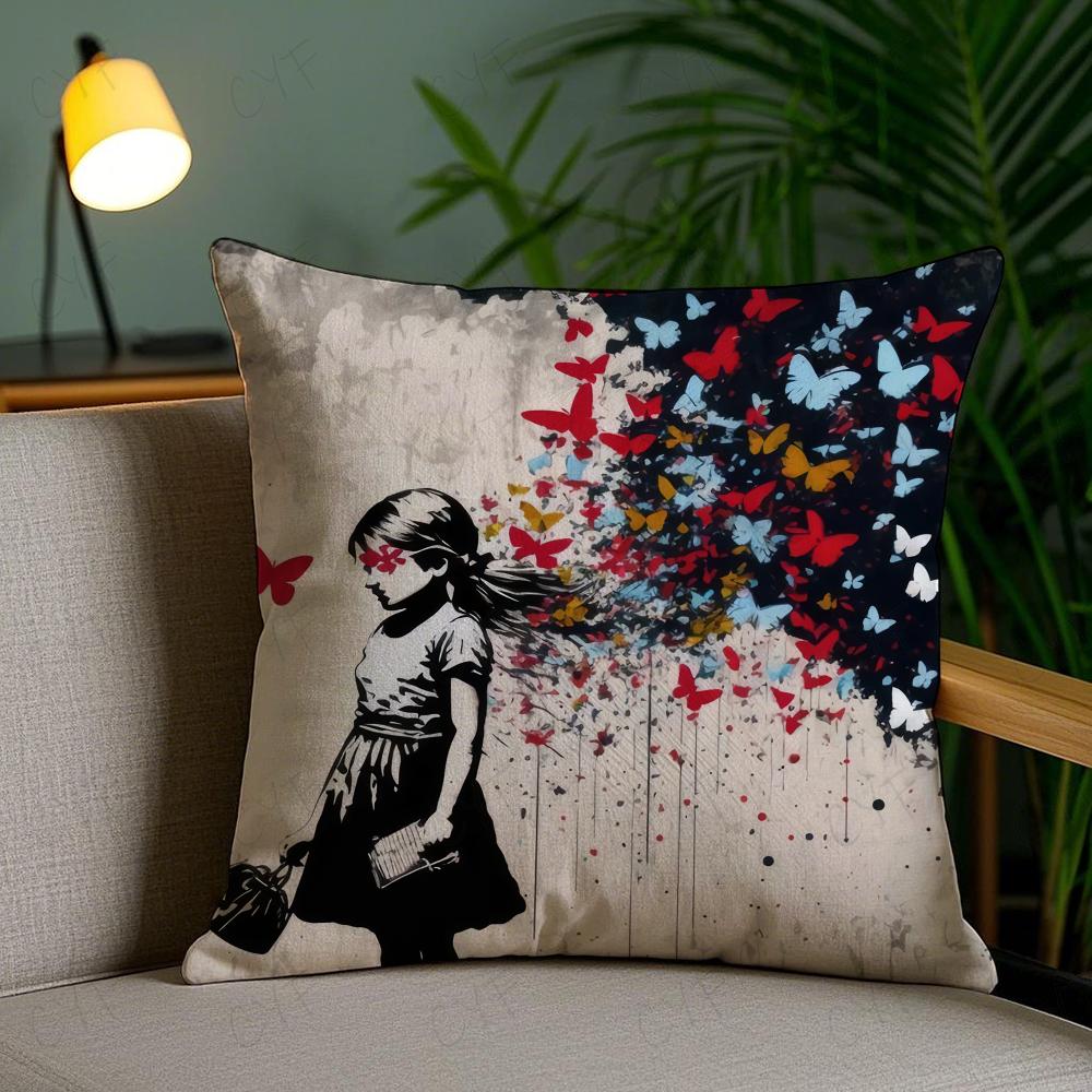 Banksy Street Graffiti Art Pillow Case Anti-Dustmite Pillowcase Invisible Zipper Silky Short Plush Sofa Cushion Cover