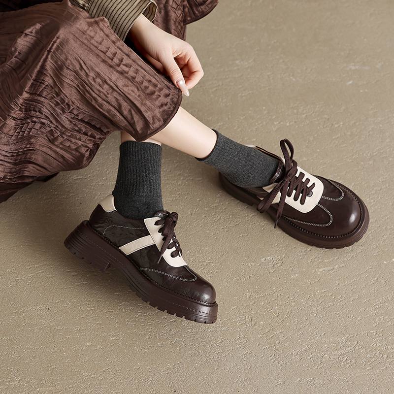 Krazing Pot Sheepskin Round Toe Med Heels Slip on Spring Autumn Shoes Big Size 41 Lace Up Mixed Color Oxford Women Pumps