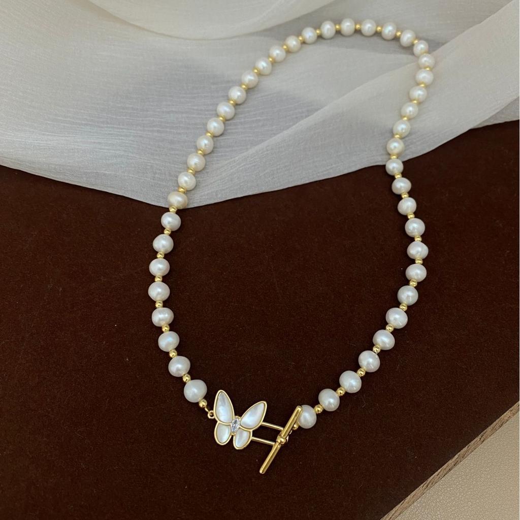 High Quality Natural Freshwater Pearl Trendy Butterfly Style 14K Gold Filled Lady Short Choker Chain Necklace Cheap Gift