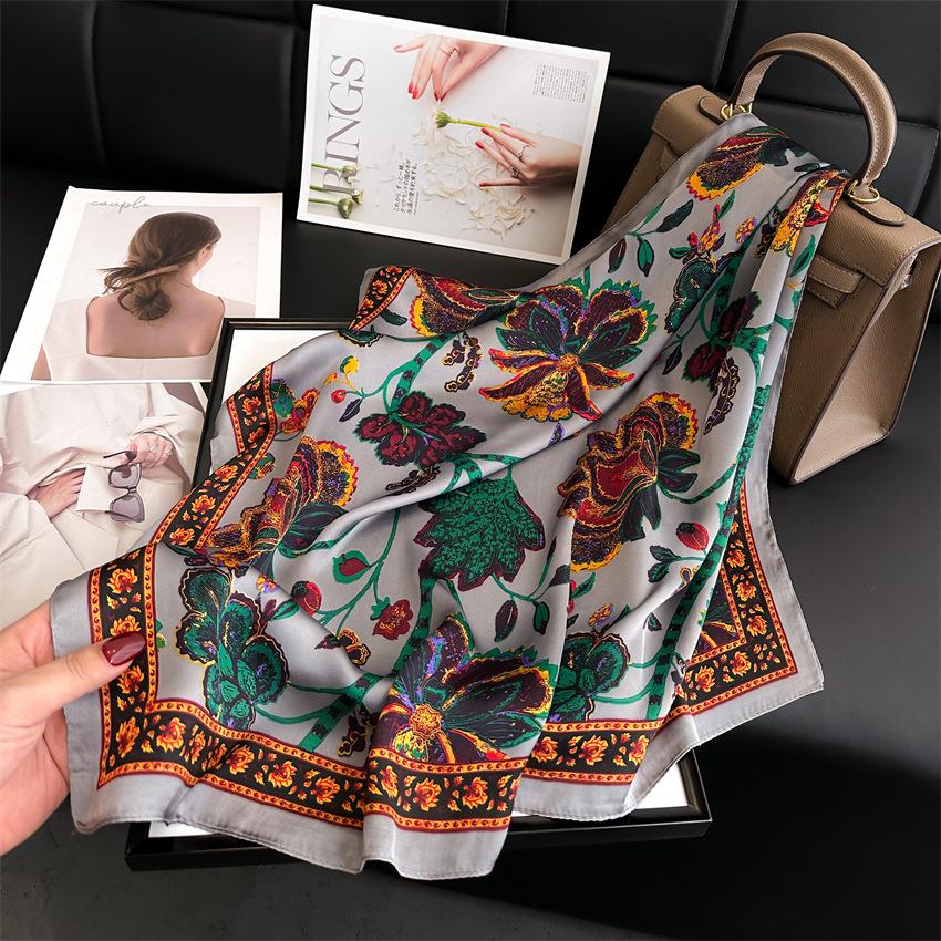 Women Silk Scarf Feeling Hair Neck Square Brand bandanna Muffler Waiter Flight Attendants Handkerchief Ring Sunscreen Print Wrap