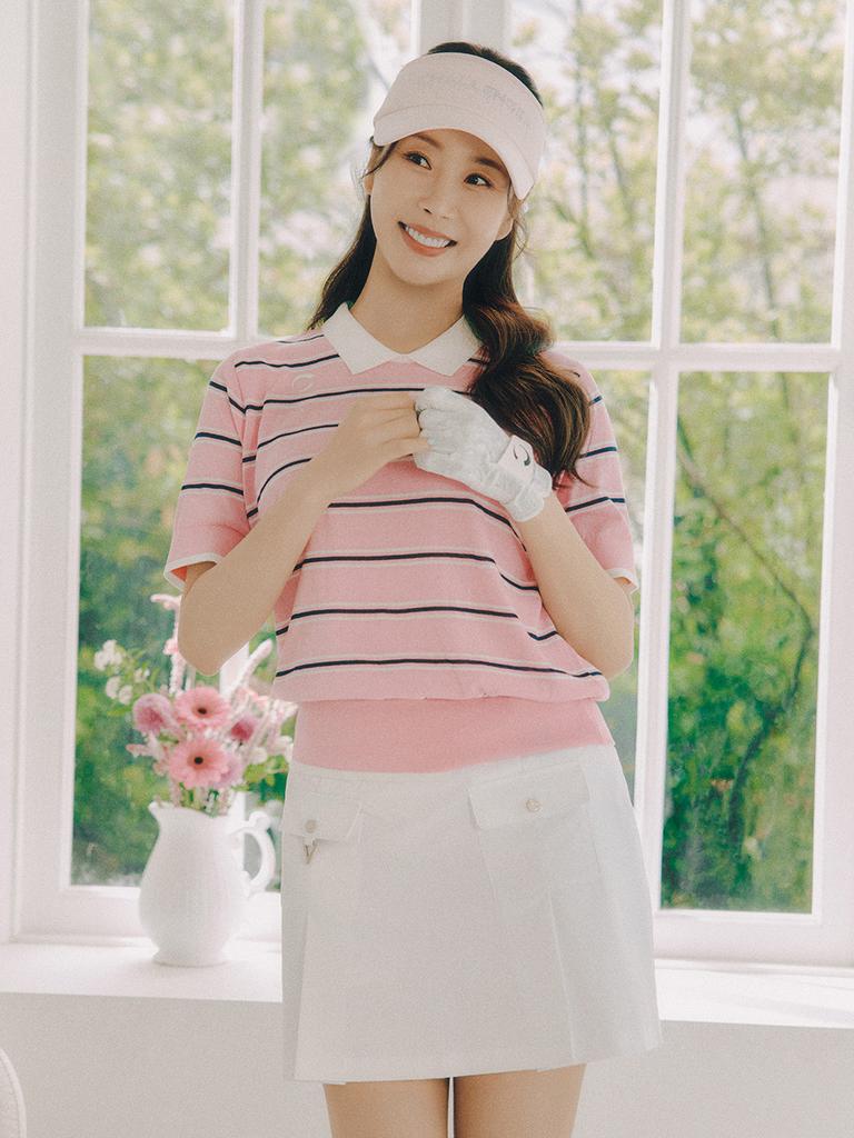 CHALLENGER Women'S Linen Striped Collared Short Sleeve Knit Pink