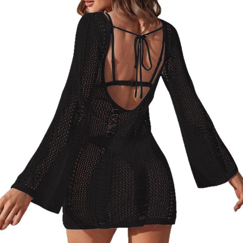 Nové zakrývací šaty Dámské Sexy Vykrojené Dlouhý rukáv Bez zad Bodycon Bikiny Plavky Pletené Plážové