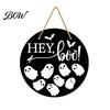 Spooky Door Decor Halloween Hanging Sign, Wooden Front Hanger Wreath, Cute Fall Festival Ghost Welcome Sign for Porch Wall Indoor Home Decoration