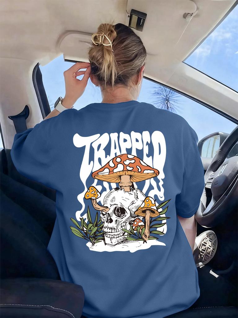 Mushrooms Grown Inside The Skull Printing TShirt Womens Basics Comfortable T Shirts Soft ONeck Tops Summer Loose Woman Clothes