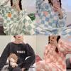 Pigiama da Donna Caldo Ispessito in Flanella Set Maniche Lunghe Autunno Inverno Pigiama Donna Orso Cartone Animato a Quadri Abbigliamento per la Casa
