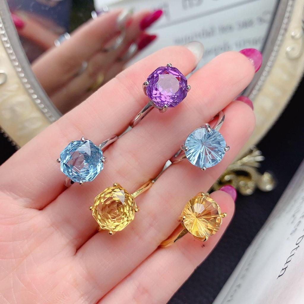 18K Gold Inlaid Amethyst & Citrine Ring, 925 Silver Electroplated, Rose Cut Faceted for Index Finger.