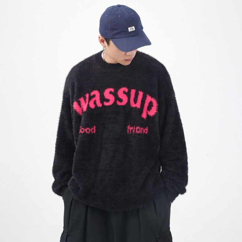 Wassup Heods Year of the Dragon Limited Edition Trendy Brand Knitted Sweater for Men, Autumn and Winter Warm Loose-Fitting Couple's Red Top