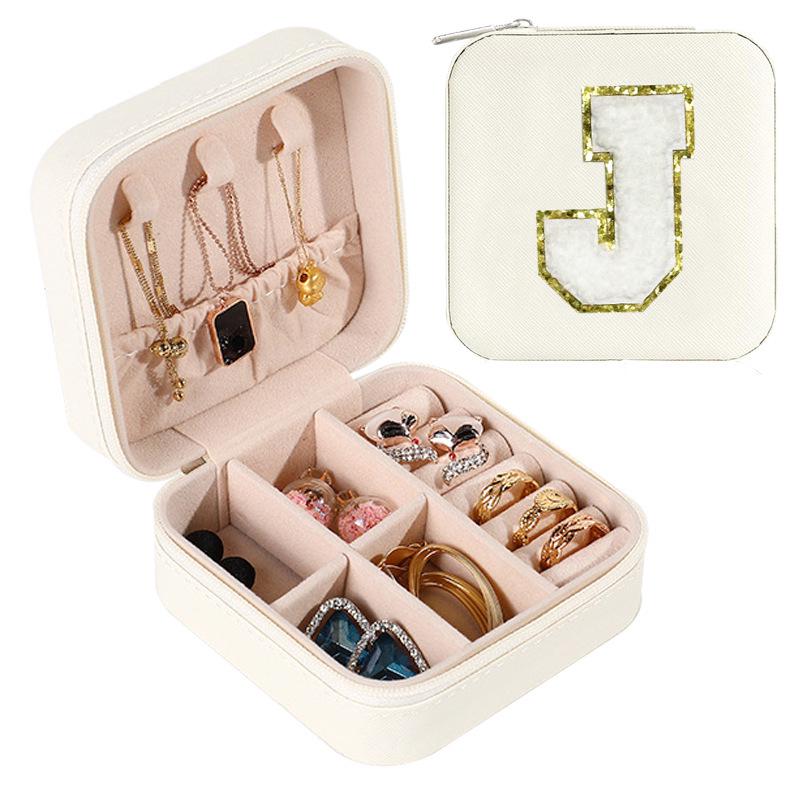 Large Capacity Jewelry Box for Stud Earrings and Rings - Portable Leather Storage with Letter Design