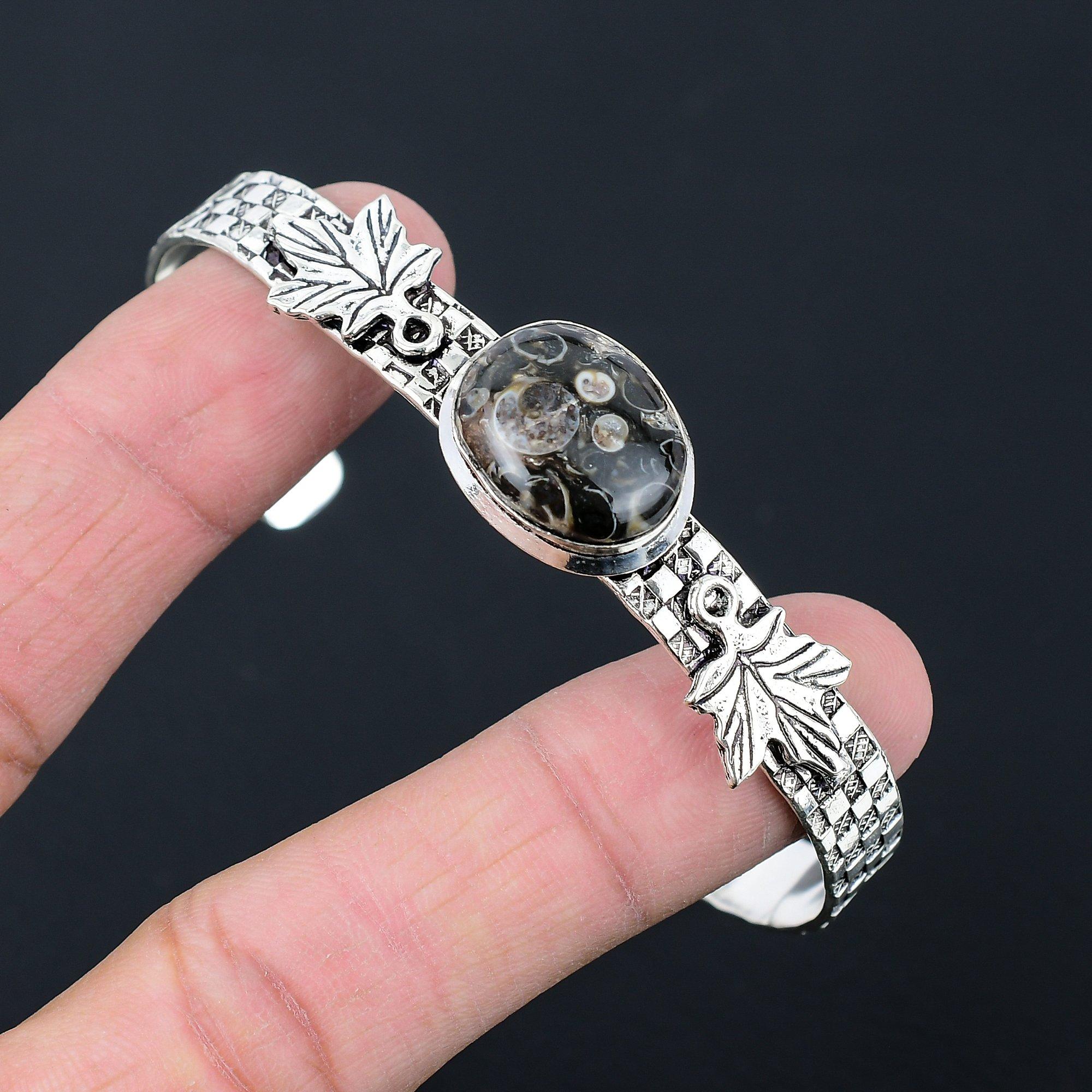 

Oval Natural Turritella Agate Engagement Leaf Bangle Jewelry 925 Sterling Silver Adjustable