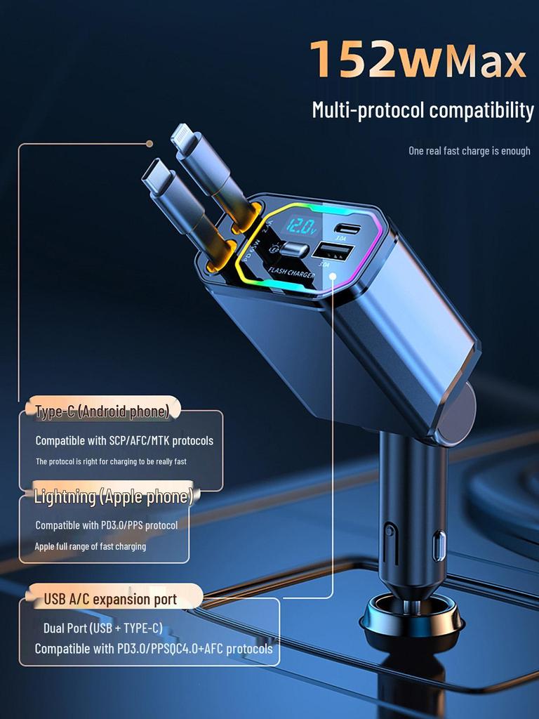 1-to-4 Super Fast Car Charger Cable for Apple & Huawei with Cigarette Lighter Adapter