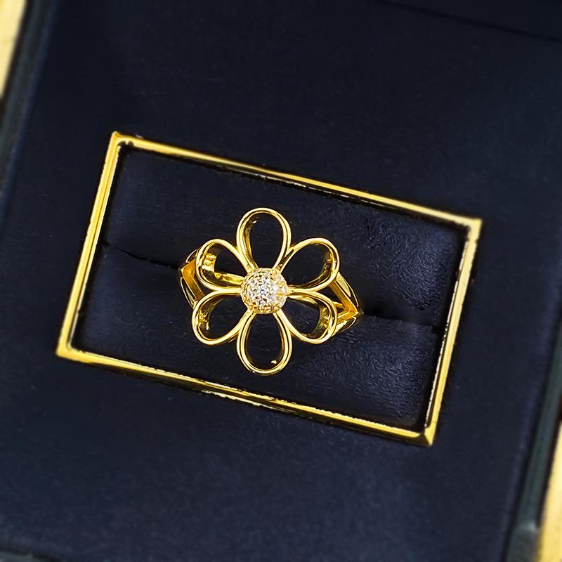 Xiancan S925 Sterling Silver Gold Plated Hollow Flower Ring with Diamond Stamen - Exquisitely Versatile.