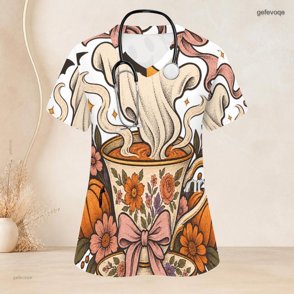 Women Plus Size Scrub Top V Neck Short Sleeve Mystical Potion Floral Printed With Front Pockets