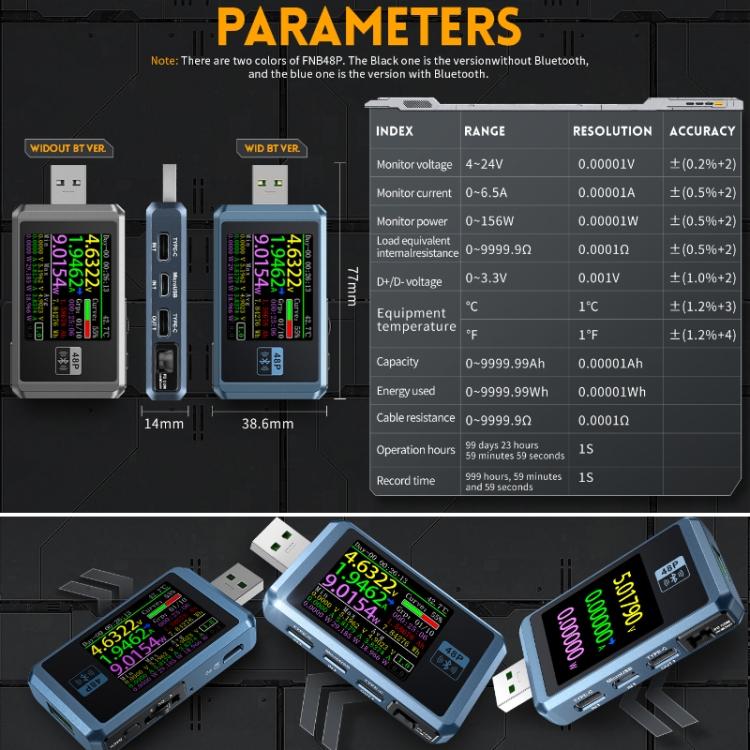 FNIRSI FNB48P USB Mobile Phone DC Power Charger Detector, Color: Bluetooth Blue