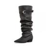 Niche design pointed pleated stacking boots spring and autumn new large tube circumference belt buckle boots tall knight boots