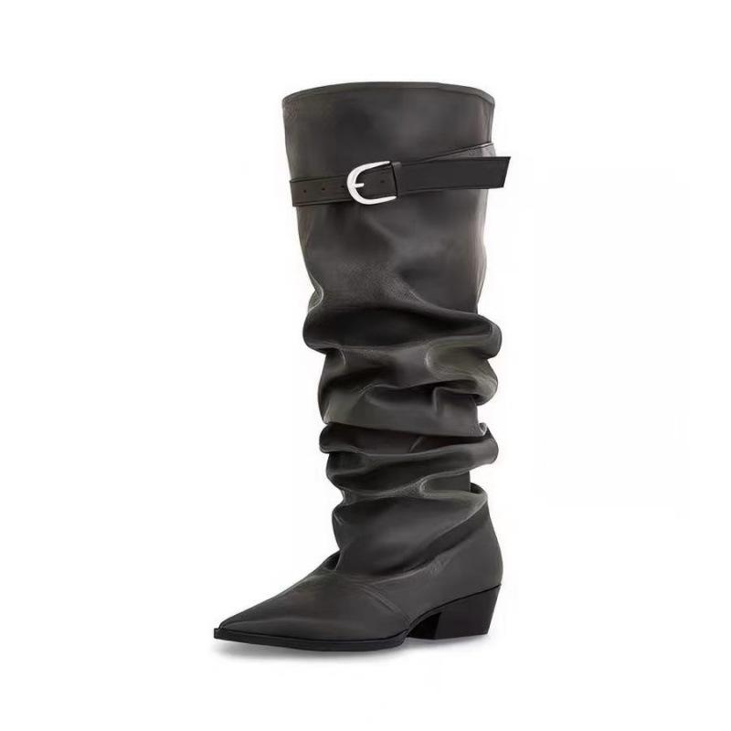 Niche design pointed pleated stacking boots spring and autumn new large tube circumference belt buckle boots tall knight boots
