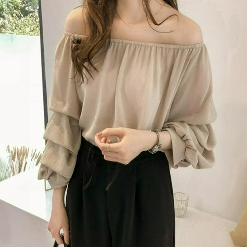 

Early Autumn One-line Collar Off-the-shoulder Loose Chiffon Shirt Scheming Design Sense Long-sleeved Blouse Shirt Women s Clothing 4XL абрикосовий