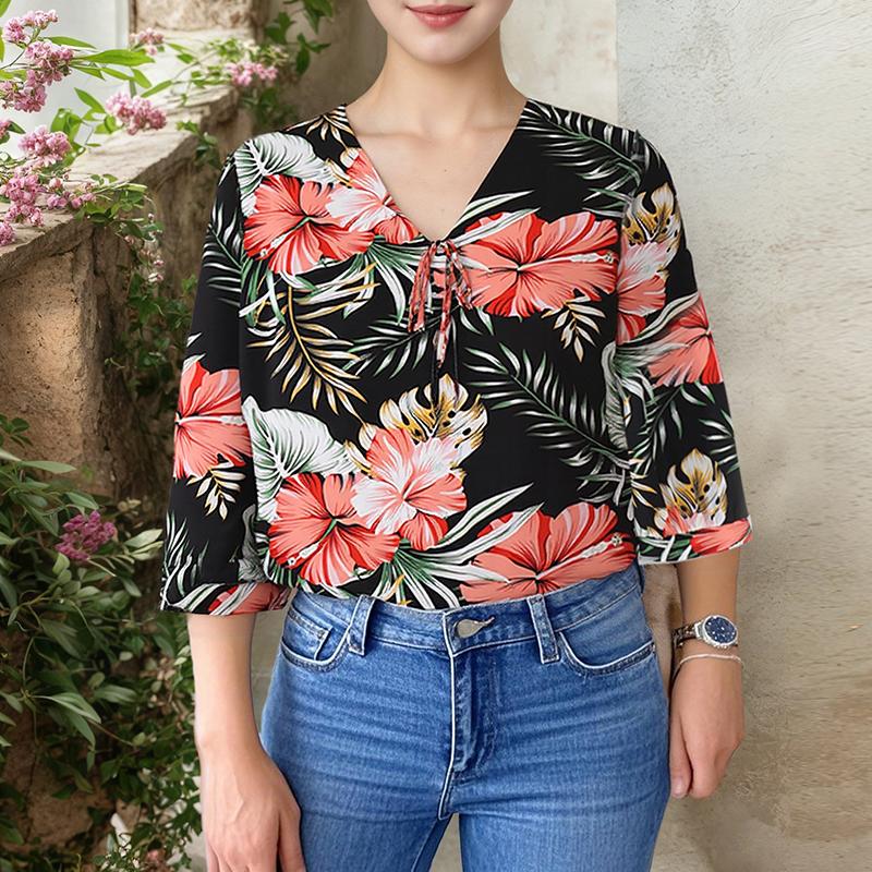 

ZANZEA Женская повседневная блузка с V-образным вырезом, летняя, с рукавом 3/4, свободного кроя, с принтом 4XL чёрный