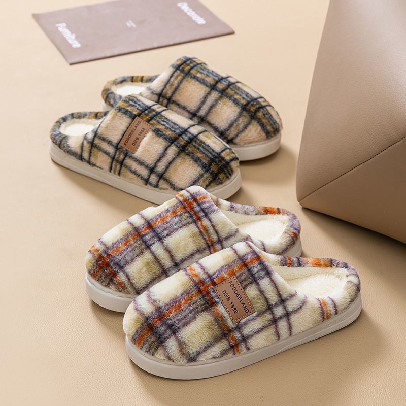 Plaid Retro Cotton Slippers Women's Season Indoor Home Warmth Plush Shoes Non-slip Bag Head Couple Cotton Mop