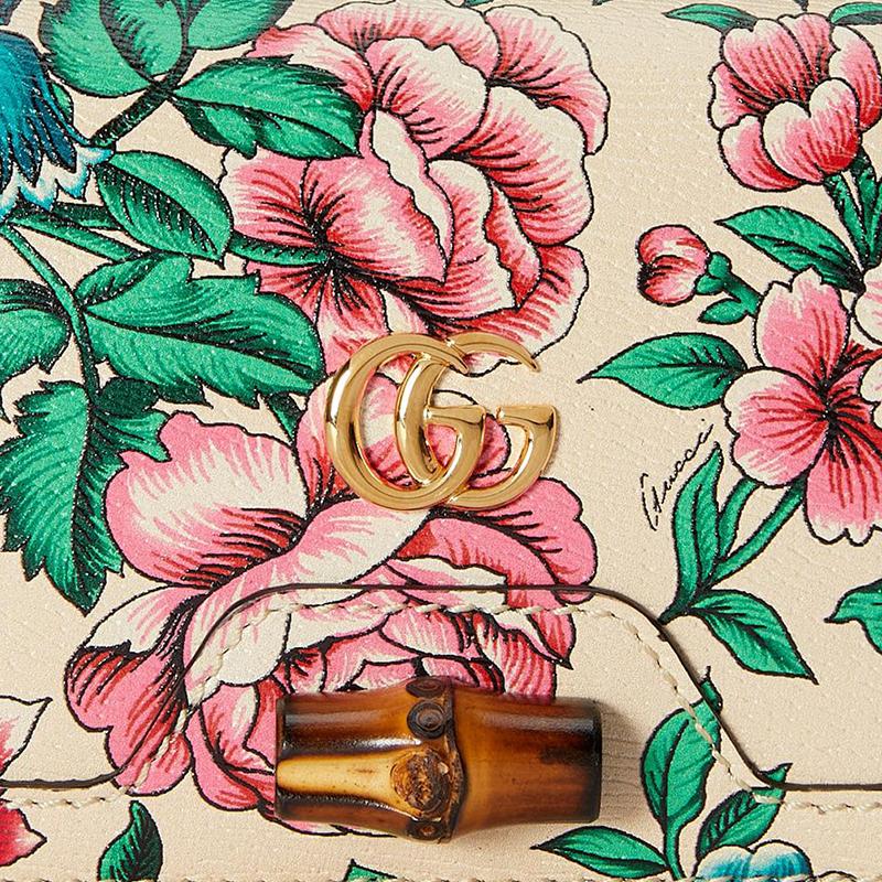 Gucci Diana Bamboo Double G Logo Floral Print Leather Card Holder Women's White/Multicolor