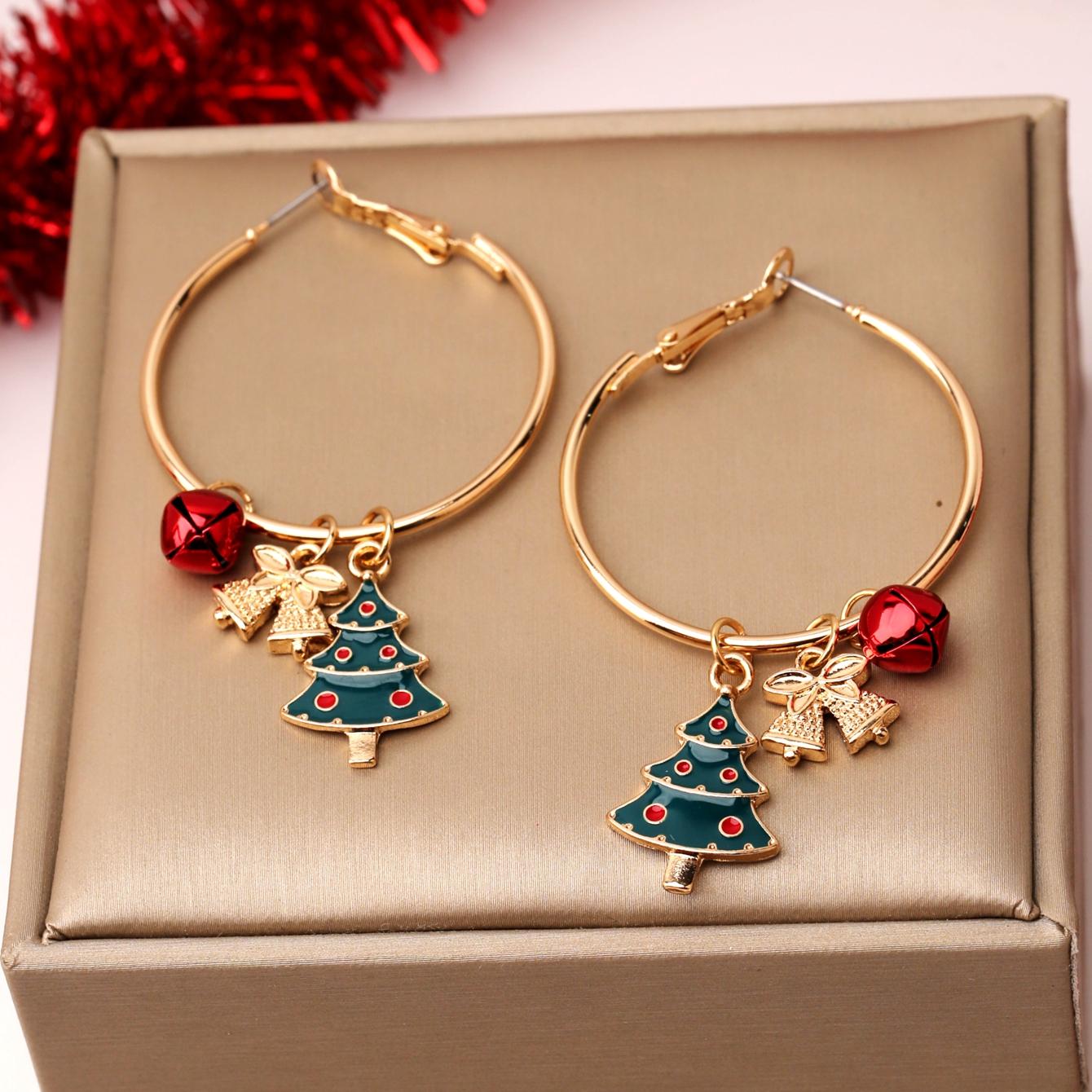 

Women s Fashion Hoop Earrings Jewelry Gift, Simple and Elegant Christmas Bell and Christmas Tree Pendant, Christmas Earrings Suitable for Da