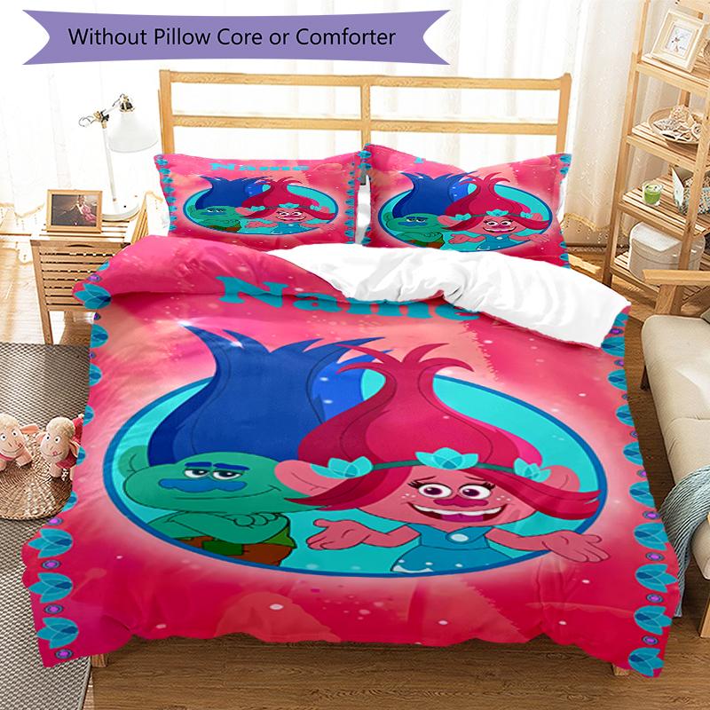 3pcs Custom Name Trolls Bedding Set Duvet Cover Closure Includes 1 Duvet Cover & 2 Pillowcases, Soft and Comfortable for All Seasons.