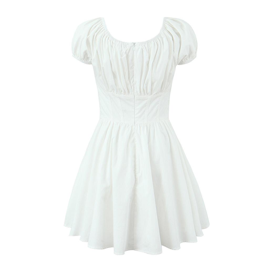 Girl age reduction French retro court style sweet pleated square neck bubble sleeves slim and thin mini dress