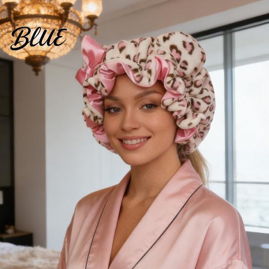Soft Plush Sleep Hat Leopard Print Sleeping Bowknot 3D Cat Ear Decor Adjustable No Satin Cap Frizz Fit Double Layer Lined Hair Protection Bonnet