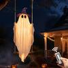 Battery Operated Ghost Decor Halloween Swing with 2 Hats, Ornament LED Spooky Decorations String Light, Remote Control Glowing Hanging for Tree Porch