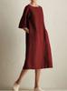 Women's Fashion Casual Crew Neck Medium Sleeve Cotton and Linen Pocket Dress