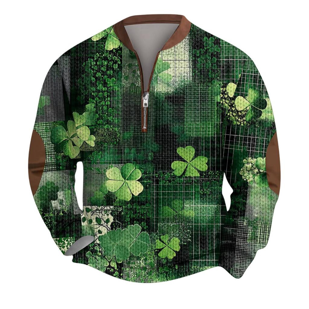 Mens Christmas Sweater Zip Up Sweatshirts Vintage Knit Graphic Sweatshirt St. Patrick's Day Stand Collar Pullover