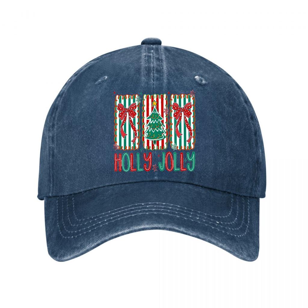 Holly Jolly Christmas Tree Bow Striped Decor Washed Baseball Cap Outdoor For Womens Unisex FeUnisex