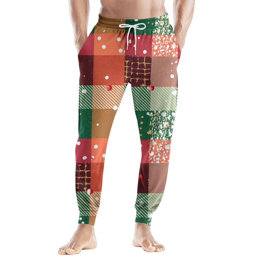 Men's Drawstring Pocket Casual Pants, Checkered Striped Printed Pocket Casual Pants, Home Sleeping Pants