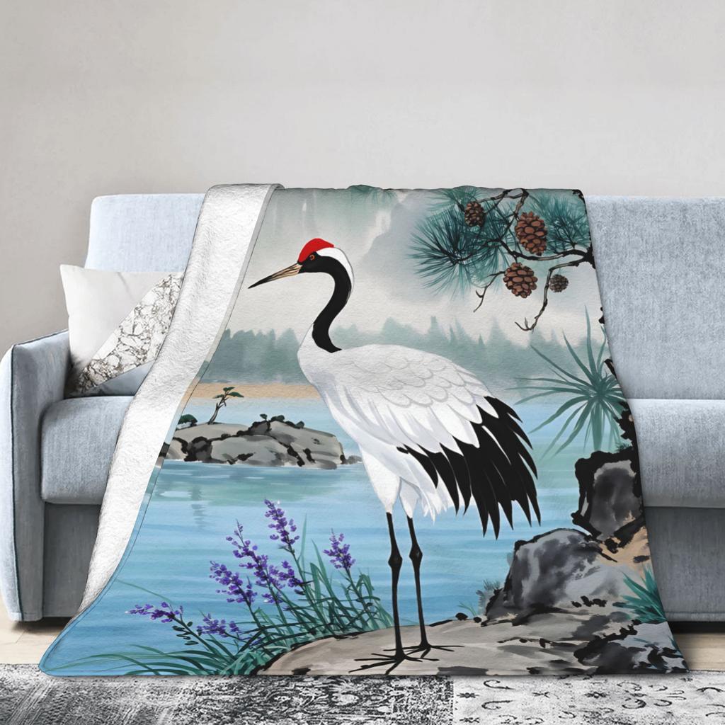 Soft Warm BlanketStudents Travel Chinese Style Crane Throw Blanket Flannel Bedspread For Couch Bed Novelty Sofa Bed Cover