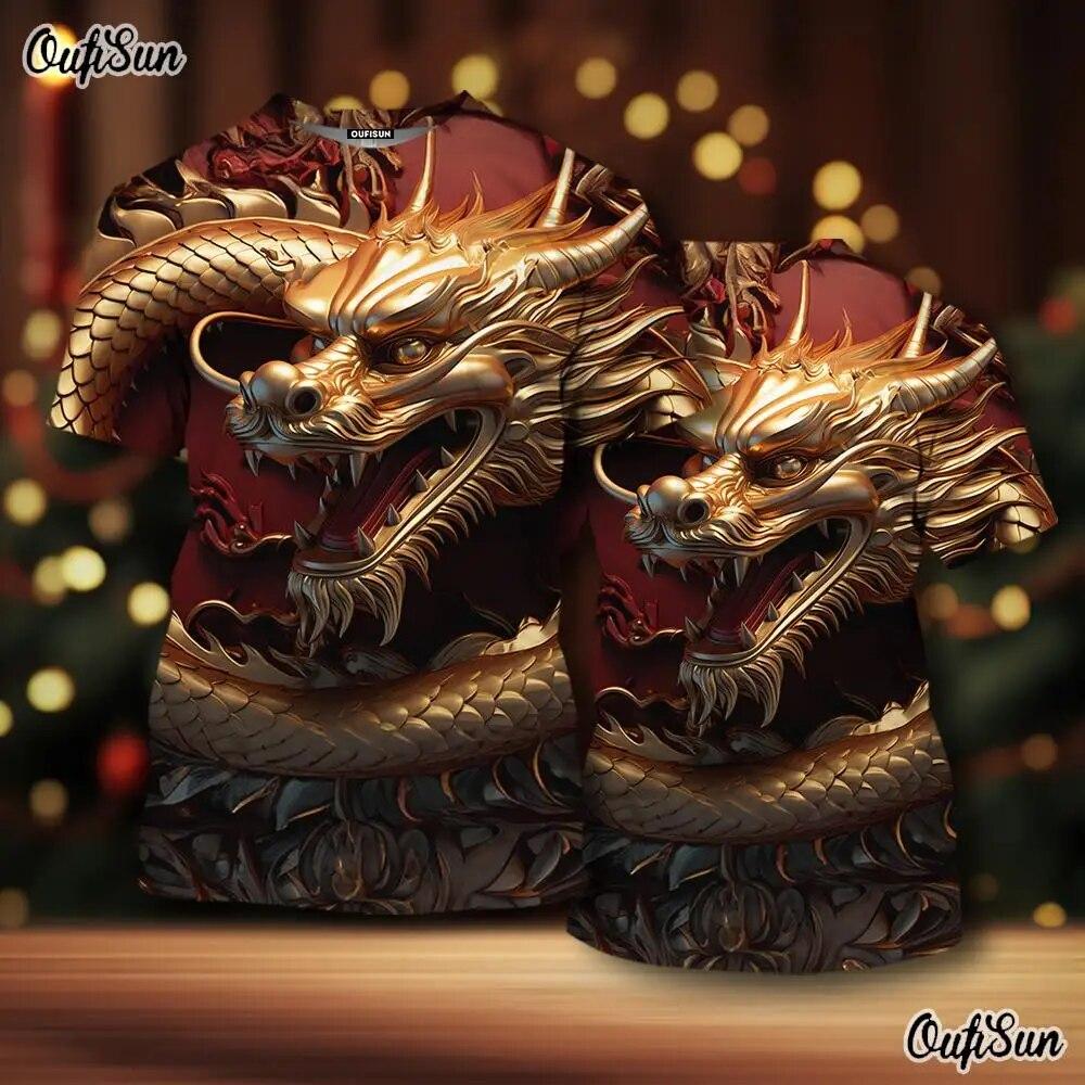 2024 Neujahr Herren T-Shirt Drache 3D-Druck Tiermuster Herren T-Shirt Chinesisches Jahr des Drachen Kurzarm rote Tops