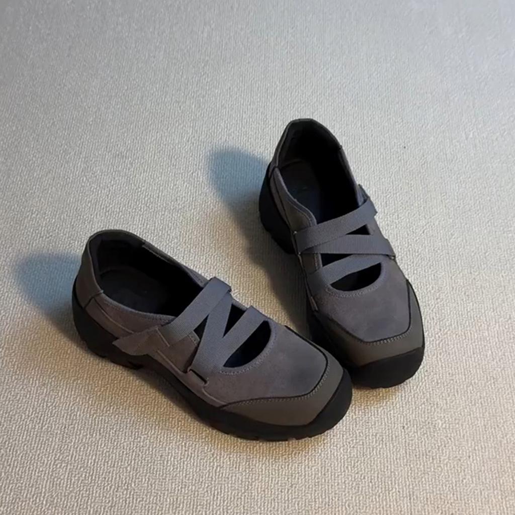 Spot version~ Retro lightweight sports casual shoes women's cross with round head suede thick sole comfortable Mary Jane single shoes